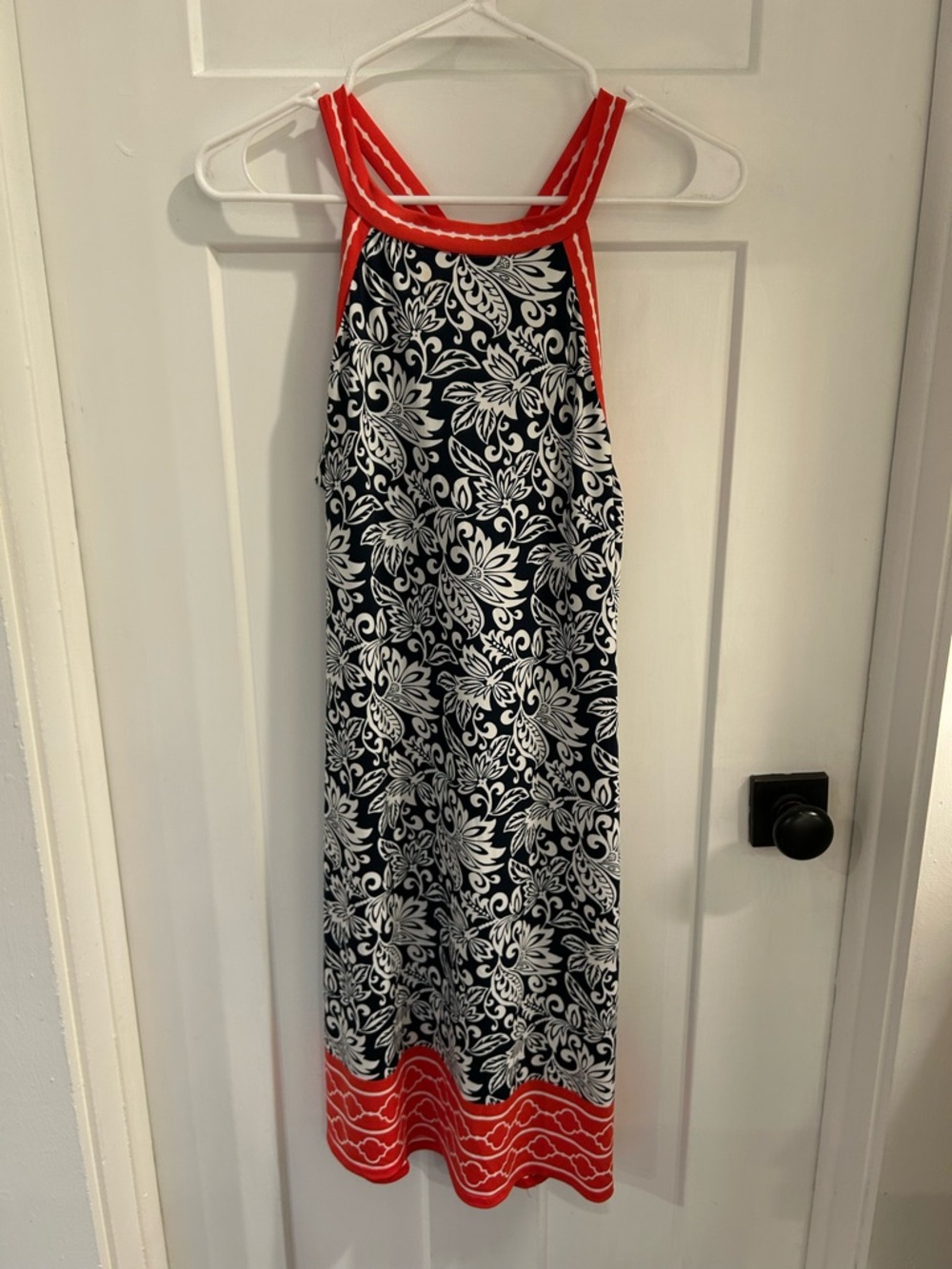 Navy & White Floral Halter Dress with Coral Trim
